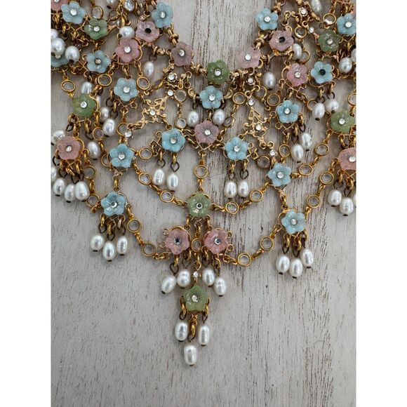 Jose and Maria Barrera Pearl Flower Pink Blue Gold Pastel Necklace Hard to Find - Picture 3 of 5